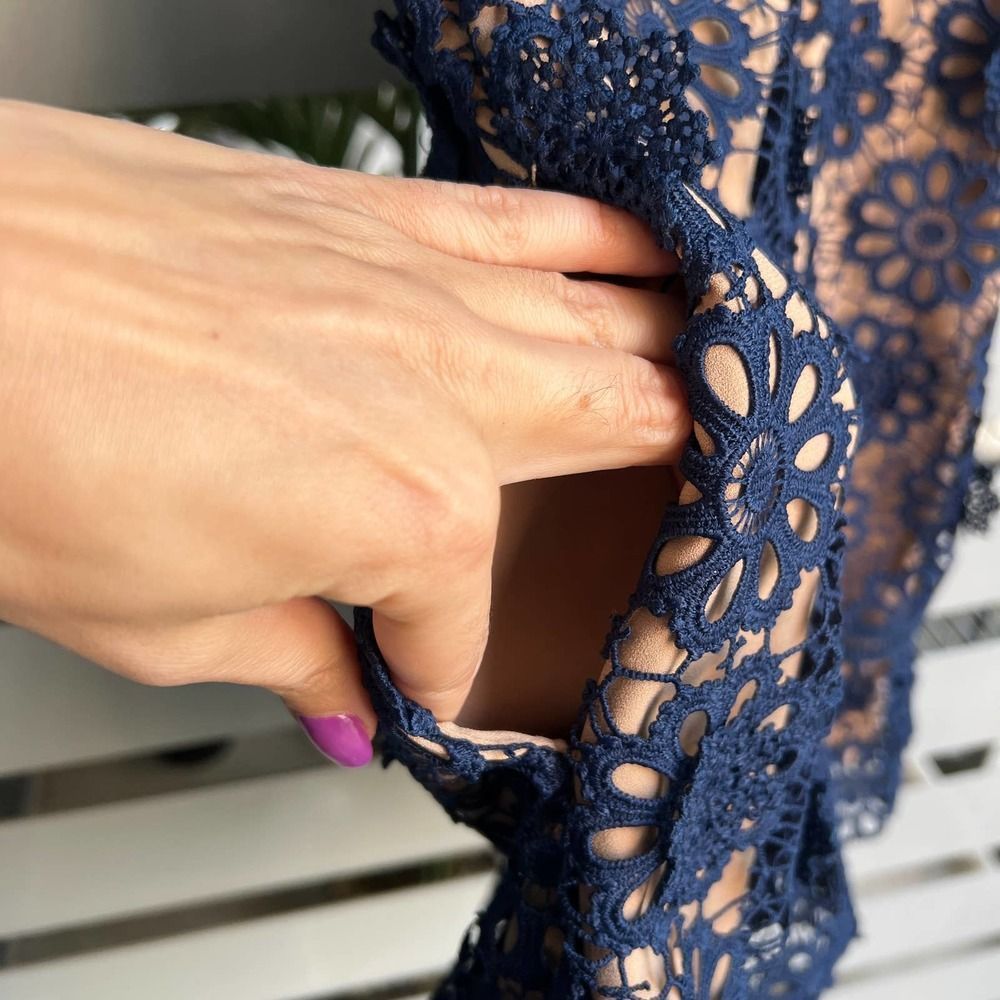 Self-Portrait Navy Floral Crochet Mini Dress with Black Waist Detail - Picture 13 of 14